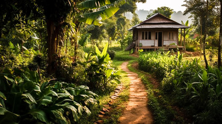 Nestled in the heart of rural Thailand, amidst the lush greenery of the forest and the sway of the trees, lies a charming little coffee shop that is as serene as it is unpretentious, Generative AIの素材