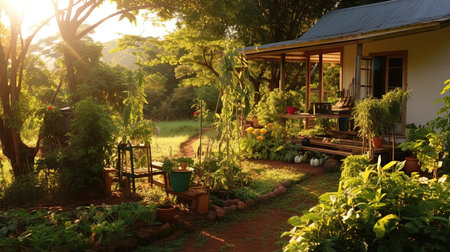 A small house with a vegetable garden, during nature, Live a simple life in the countryside of Thailand, Generative AIの素材