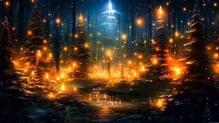 Magical forest with christmas trees and glowing lights, Generative AIの素材