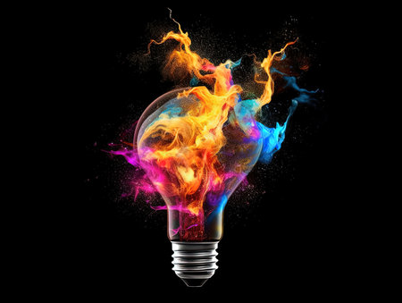 Creative light bulbs explode with colorful paint and splash on a black background. Think differently creative idea concepts, Generative AIの素材