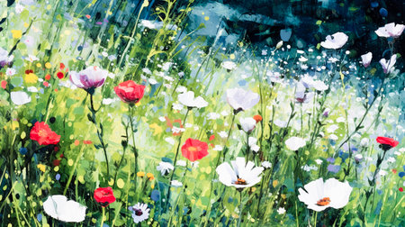 Illustration of a flower meadow in spring, Generative AIの素材
