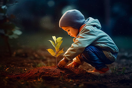 Small child planting young tree in garden, Generative AIの素材