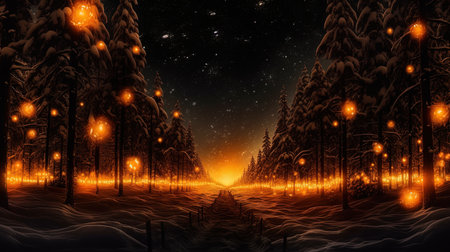 Magical forest with christmas trees and glowing lights, Generative AIの素材