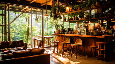 Nestled in the heart of rural Thailand, amidst the lush greenery of the forest and the sway of the trees, lies a charming little coffee shop that is as serene as it is unpretentious, Generative AIの素材