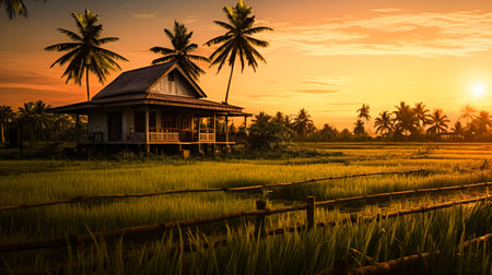 Amidst the yellow rice fields of Northeast Thailand, there stood a small house built from locally sourced materials, Generative AIの素材
