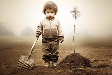 Small child planting young tree in garden, Generative AIの素材