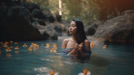 Amidst the serene beauty of nature, a girl in rural Thailand dons a colorful sarong while taking a refreshing dip in a stream by a picturesque waterfall, surrounded by blooming flowers and basking in the warm sunlight, Generative AIの素材