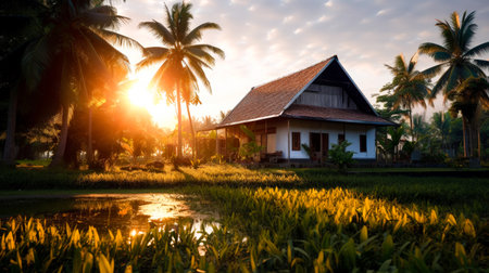Amidst the yellow rice fields of Northeast Thailand, there stood a small house built from locally sourced materials, Generative AIの素材