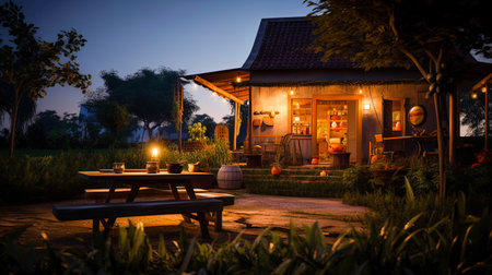 A small house with a vegetable garden, during nature, Live a simple life in the countryside of Thailand, Generative AIの素材