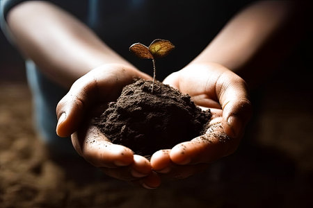 Hand holding plant growing on soil.environment Earth Day In the hands of trees growing seedlings., Generative AIの素材