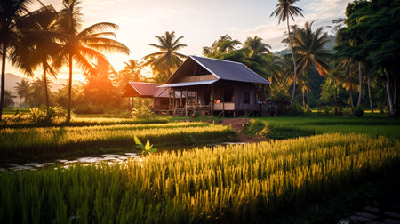 Amidst the yellow rice fields of Northeast Thailand, there stood a small house built from locally sourced materials, Generative AIの素材
