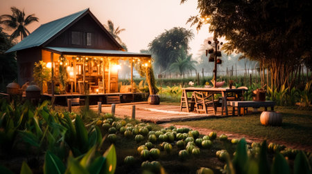 A small house with a vegetable garden, during nature, Live a simple life in the countryside of Thailand, Generative AIの素材