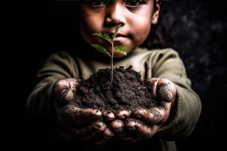 Little girl hand holding plant growing on soil.environment Earth Day In the hands of trees growing seedlings, Generative AIの素材