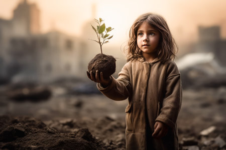 Little girl planting young tree on black soil together as save world concept, Generative AIの素材