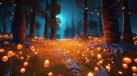 Magical forest with christmas trees and glowing lights, Generative AIの素材