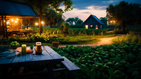 A small house with a vegetable garden, during nature, Live a simple life in the countryside of Thailand, Generative AIの素材