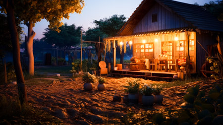 A small house with a vegetable garden, during nature, Live a simple life in the countryside of Thailand, Generative AIの素材