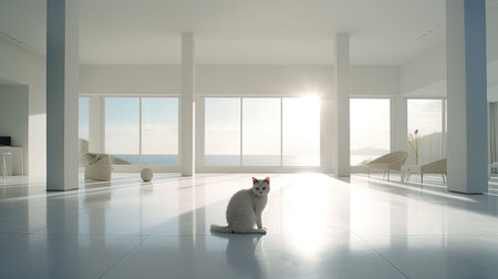 Cat in-house wide-angle lens photorealistic bright lighting white, Generative AI technologyの素材