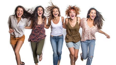 Photograph of a Group of adult girls, happy and excited, style of website design, blank white background, cute, mixed nationality, beautiful asset design, Generative AI technologyの素材