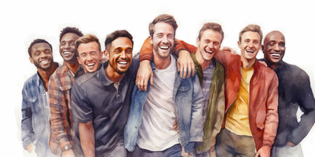 Watercolor painting of a Group of adult man, happy and excited, style of website design, blank white background, cute, mixed nationality, Generative AI technologyの素材
