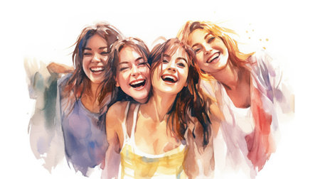 Watercolor painting of a Group of adult girls, happy and excited, style of website design, blank white background, cute, mixed nationality, Generative AI technologyの素材