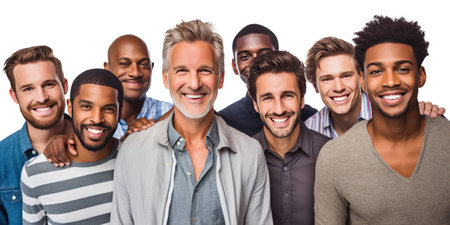 Photograph of Group of adult men, happy excited, style of website design, blank white background, handsome, mixed nationality, Generative AI technologyの素材