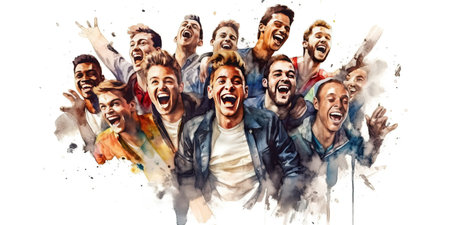 Watercolor painting of a Group of adult man, happy and excited, style of website design, blank white background, cute, mixed nationality, Generative AI technologyの素材
