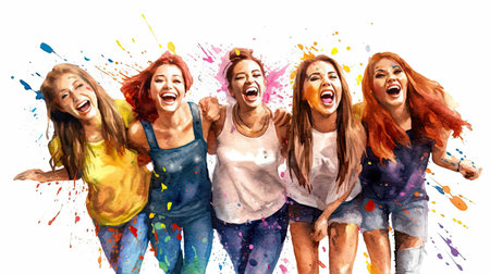 Watercolor painting of a Group of adult girls, happy and excited, style of website design, blank white background, cute, mixed nationality, Generative AI technologyの素材
