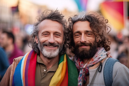 Portrait photograph of Two happy gays with lgbt flags on gay parade, Generative AI Technologyの素材