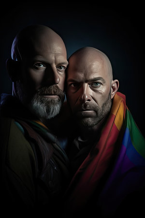 Portrait photograph of Two happy gays with lgbt flags on gay parade, Generative AI Technologyの素材