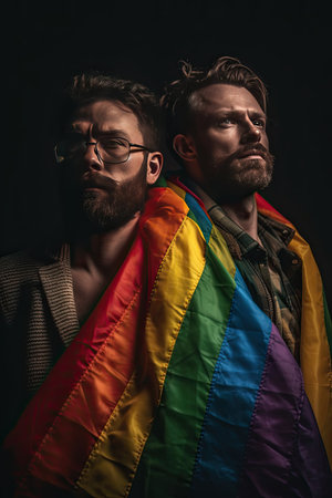 Portrait photograph of Two happy gays with lgbt flags on gay parade, Generative AI Technologyの素材