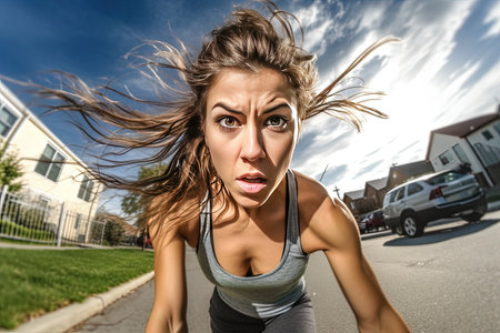 Young fit woman does running, jogging training wide angle lens, Generative AI Technologyの素材