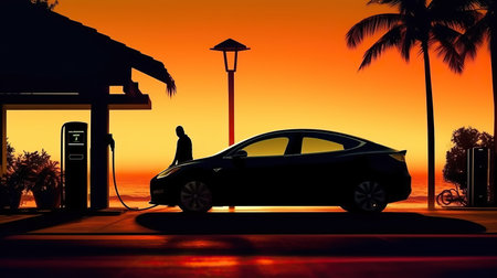 A silhouette of an EV electric car with a low battery charge at an electric charging station is seen, Generative AI Technologyの素材