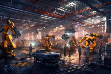 Futuristic Machines in Factory: Robots Producing Auto Parts, Generative AI Technologyの素材