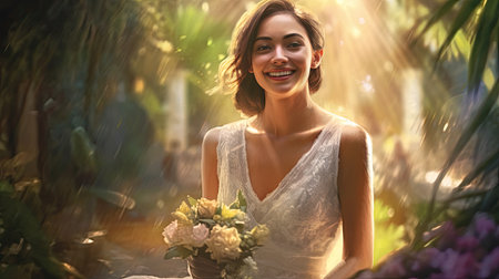 Painting of Happy bride in wedding dress smiling in garden wedding magic realism, Generative AIの素材