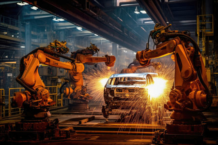 Futuristic Machines in Factory: Robots Producing Auto Parts, Generative AI Technologyの素材