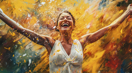 Painting of Happy bride in wedding dress smiling in garden wedding magic realism, Generative AIの素材