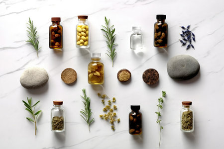 A top view of a collection of essential oils arranged on a white stone table. Ideal for promoting aromatherapy and natural remedies, Generative AIの素材