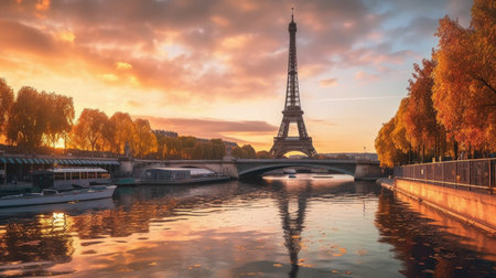 Paris Eiffel Tower and river Seine at sunset in Paris, France. Eiffel Tower is one of the most iconic landmarks of Paris., Generative AIの素材