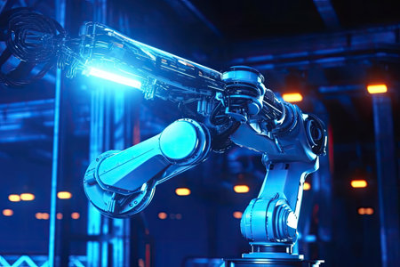 Futuristic Machines in Factory: Industrial robotic arm, Generative AI Technologyの素材