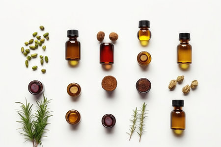 A top view of a collection of essential oils arranged on a white stone table. Ideal for promoting aromatherapy and natural remedies, Generative AIの素材