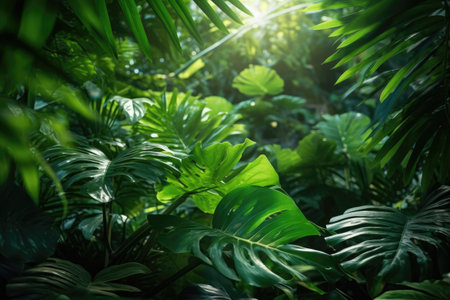 Nature leaves, green tropical forest, background photorealistic cinematic lighting, Generative AIの素材