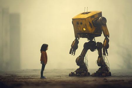Robot and little girl face to faceの素材