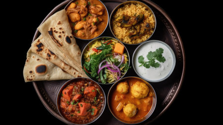 Assorted indian food on black background, Indian cuisine.の素材