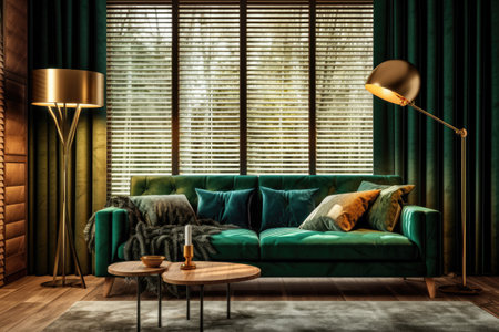 Elegant living room with big window wall behind wooden blinds, comfortable green sofa, carpet and decorative gold wall lampの素材