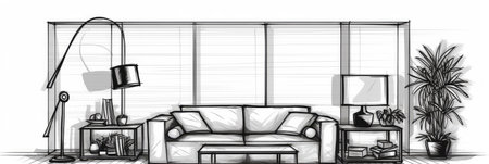 Interior design with modern living room in black line sketch on white background, Generative AIの素材