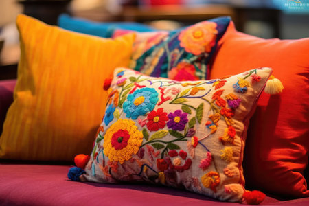 Colorful pillows on a sofa with little vaseの素材