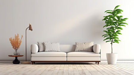 Interior of living room modern style with fabric sofa, side table and empty white wall on wood floor, Generative AIの素材