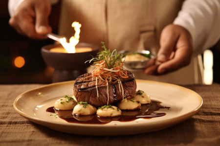 Chef serving oven-seared beef tenderloin steak with peppercorn sauce at the restaurantの素材
