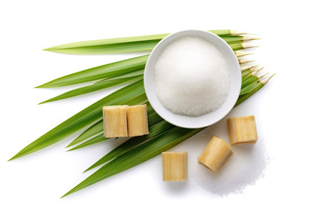 Flat lay of White sugar with fresh sugar cane isolate on white backgroundの素材